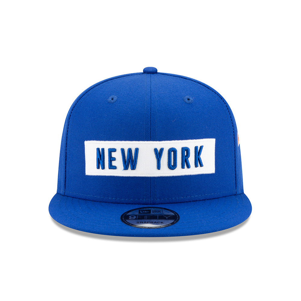 New Era Knicks 9FIFTY Multi Logo Snapback Hat in Blue - Front View