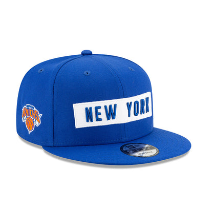 New Era Knicks 9FIFTY Multi Logo Snapback Hat in Blue - Front Right View