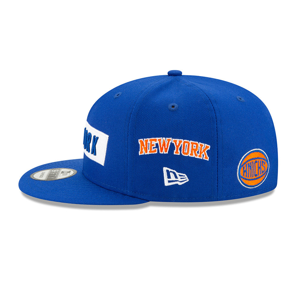 New Era Knicks 9FIFTY Multi Logo Snapback Hat in Blue - Left View
