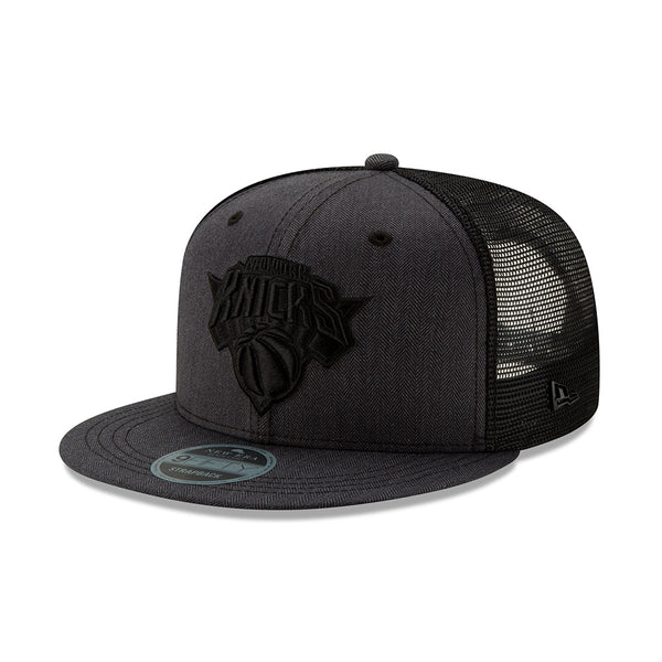 New Era Knicks 9FIFTY Herringbone Snapback Hat in Black - Front Left View