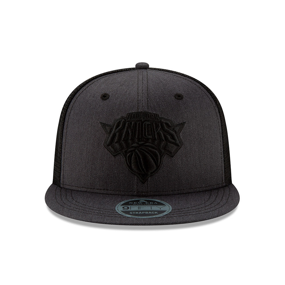New Era Knicks 9FIFTY Herringbone Snapback Hat in Black - Front View