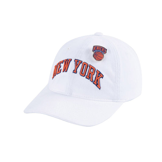 Mitchell & Ness Knicks Wordmark Postgame Adjustable Dad Hat with Pin in White - Left View
