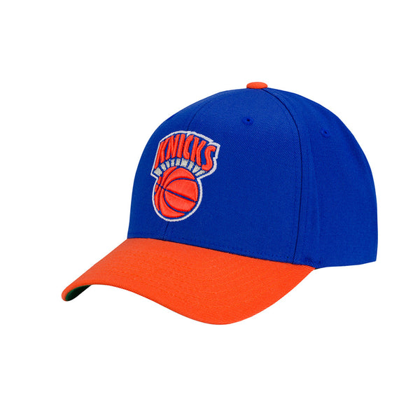 Mitchell & Ness Knicks Hardwood Classic Logo Snapback Hat in Blue and Orange - 1/4 Left Front View