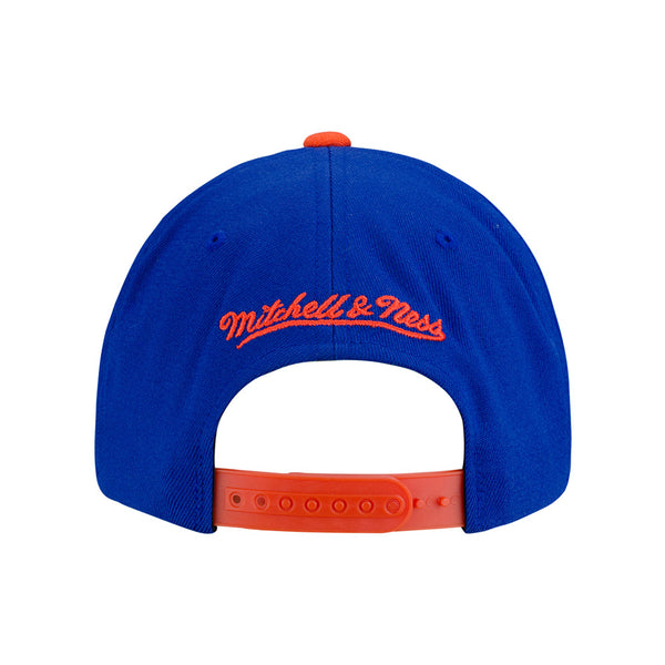 Mitchell & Ness Knicks Hardwood Classic Logo Snapback Hat in Blue and Orange - Back View