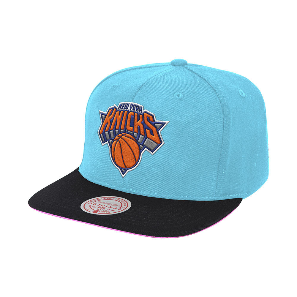 Mitchell & Ness Knicks Easter Snapback Hat in Light Blue and Black - Front View