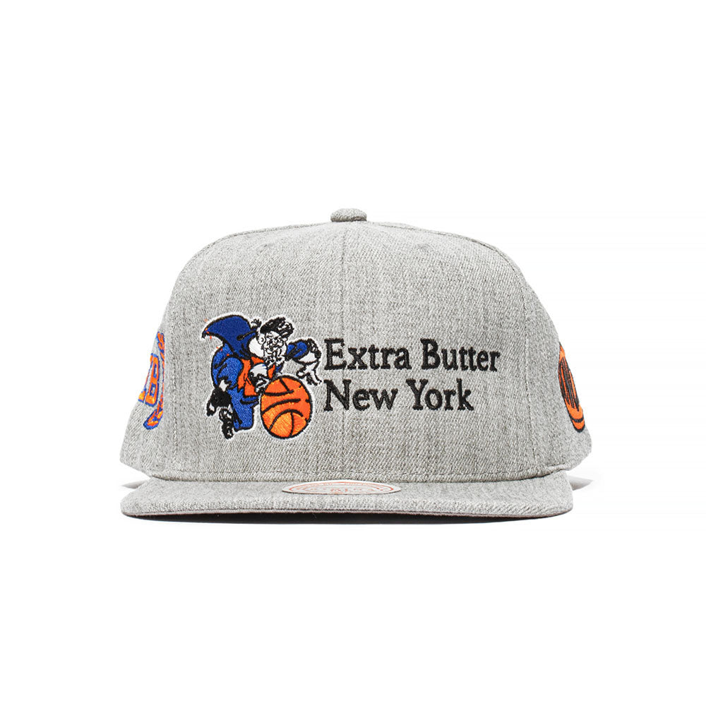 Knicks x Extra Butter x Mitchell & Ness Origin Snapback in Grey - Front View
