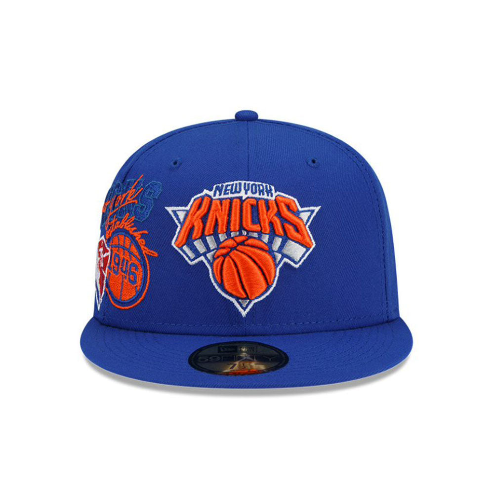 New Era Knicks NBA Back Half Fitted Hat in Blue - Front View, Worn
