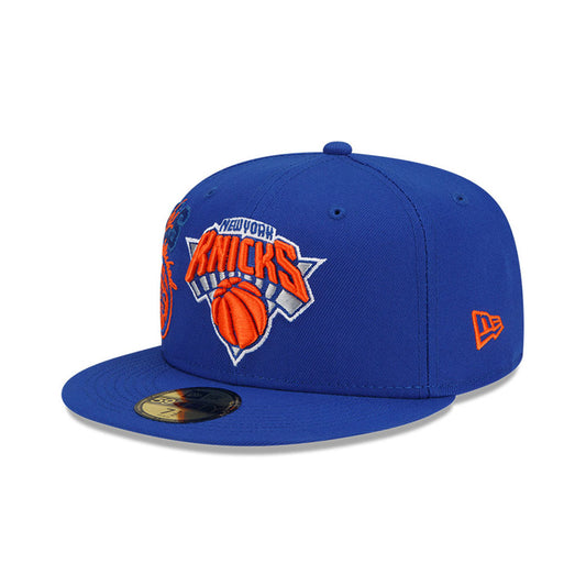 New Era Knicks NBA Back Half Fitted Hat in Blue - Front Left View