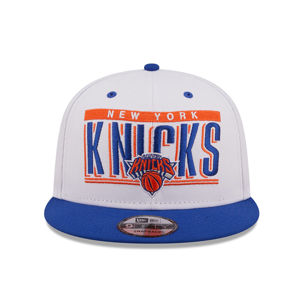 New Era Knicks Retro Title Snapback Hat in White - Front View