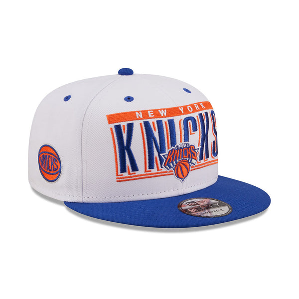 New Era Knicks Retro Title Snapback Hat in White - Front Right View