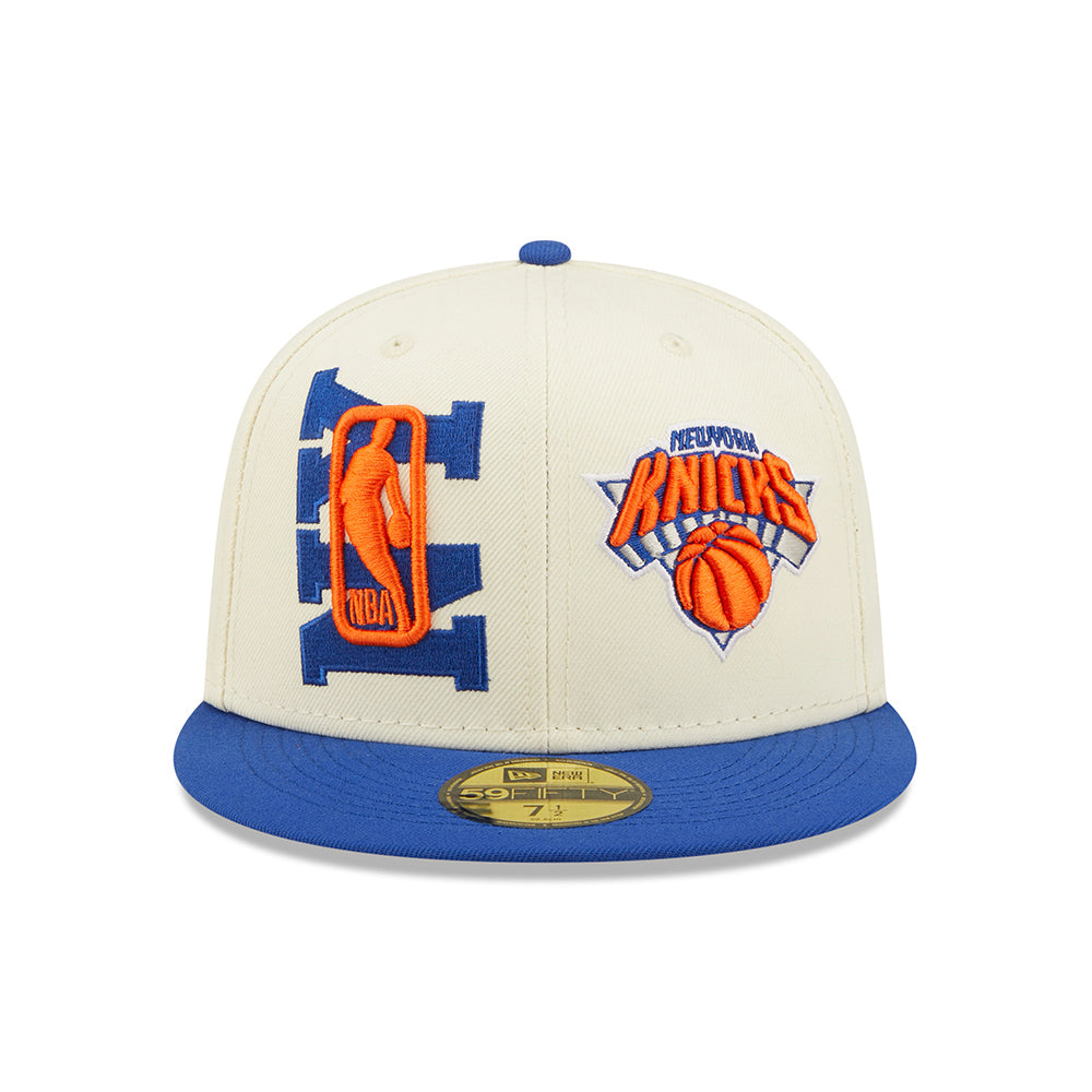New Era Knicks 2022 Draft 5950 On Stage Fitted Hat In White, Orange & Blue - Front View