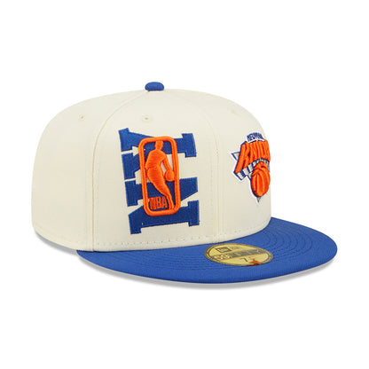 New Era Knicks 2022 Draft 5950 On Stage Fitted Hat In White, Orange & Blue - Front Right View