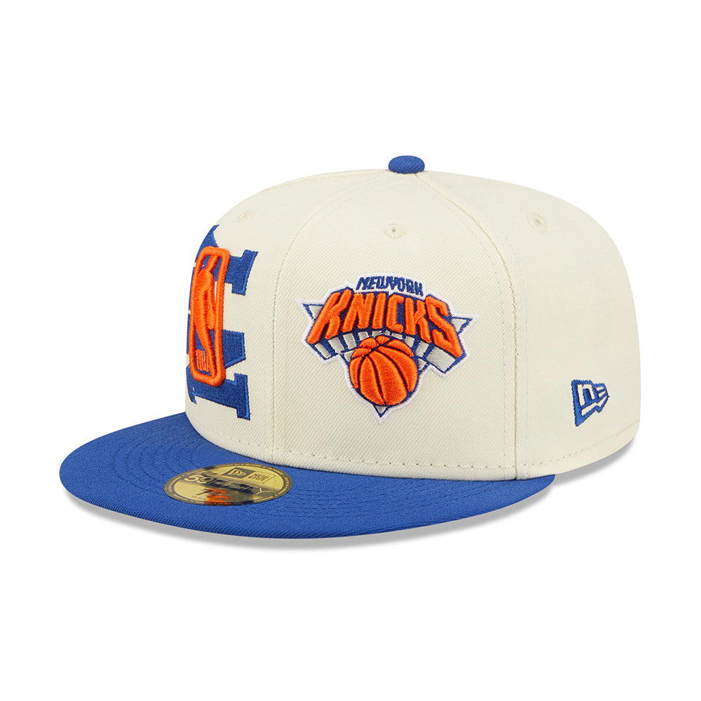 New Era Knicks 2022 Draft 5950 On Stage Fitted Hat In White, Orange & Blue - Front Left View