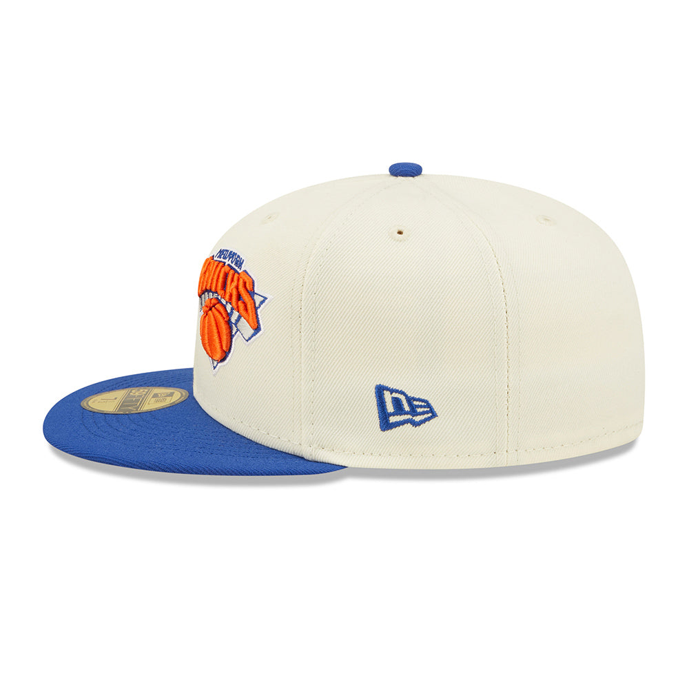 New Era Knicks 2022 Draft 5950 On Stage Fitted Hat In White, Orange & Blue - Left View