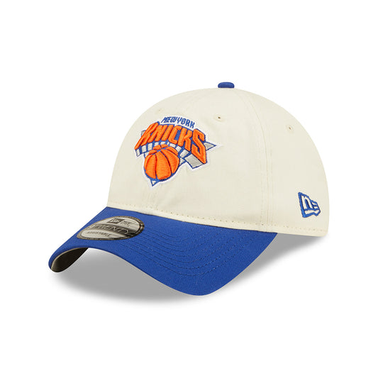 New Era Knicks 2022 Draft 920 Adjustable Hat In White, Blue & Orange - Front Left View
