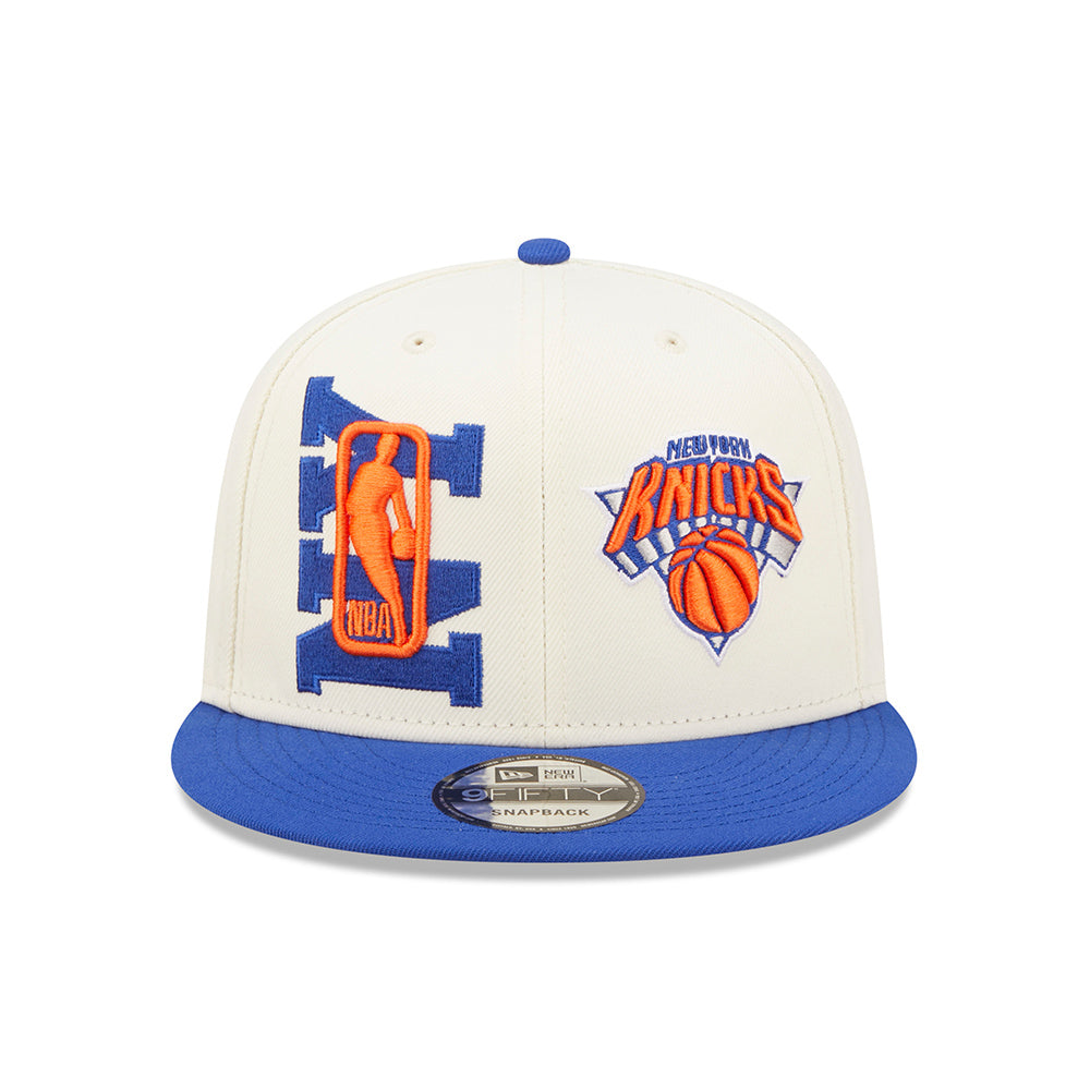 New Era Knicks 2022 Draft 950 Snapback Hat In White, Blue & Orange - Front View
