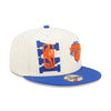 New Era Knicks 2022 Draft 950 Snapback Hat In White, Blue & Orange - Front Right View