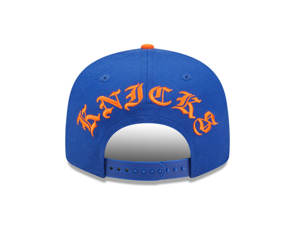 New Era Knicks 9TWENTY Waxed Cotton Adjustable Hat in Orange and Blue - Back View