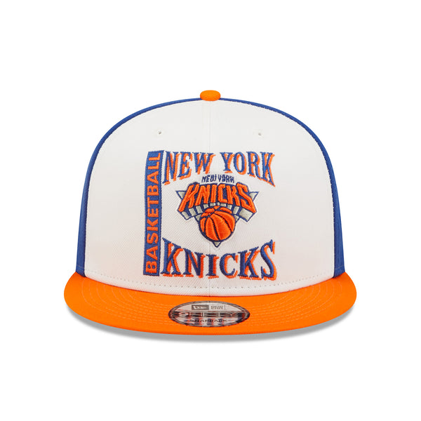 New Era Knicks Retro Sport Snapback In White, Blue & Orange - Front View