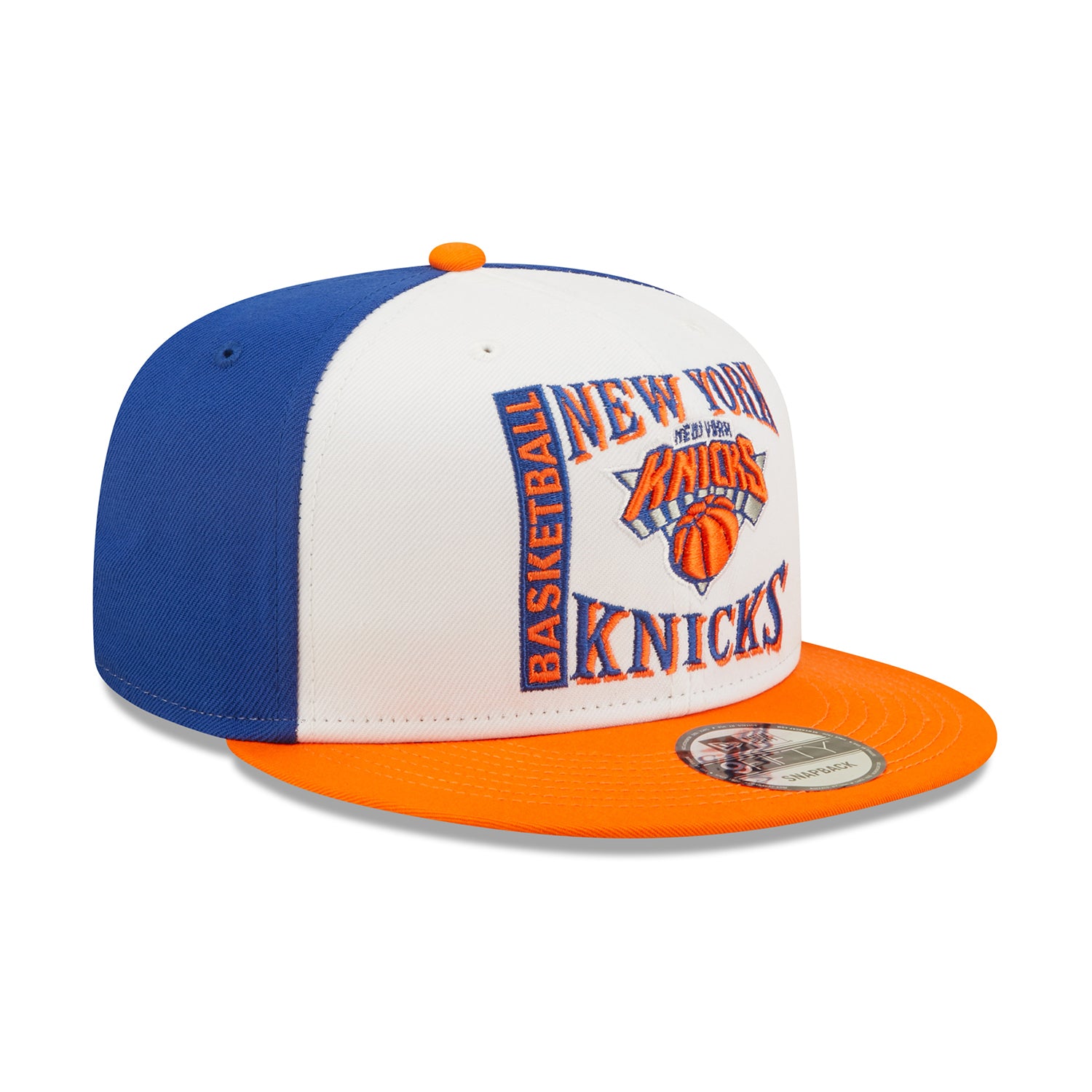New Era Knicks Retro Sport Snapback In White, Blue & Orange - Angled Right Side View