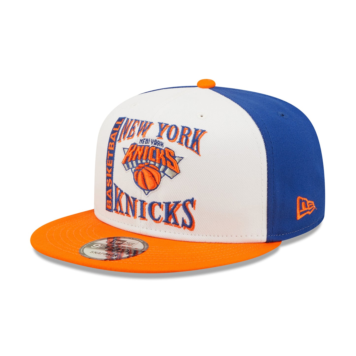 New Era Knicks Retro Sport Snapback In White, Blue & Orange - Angled Left Side View