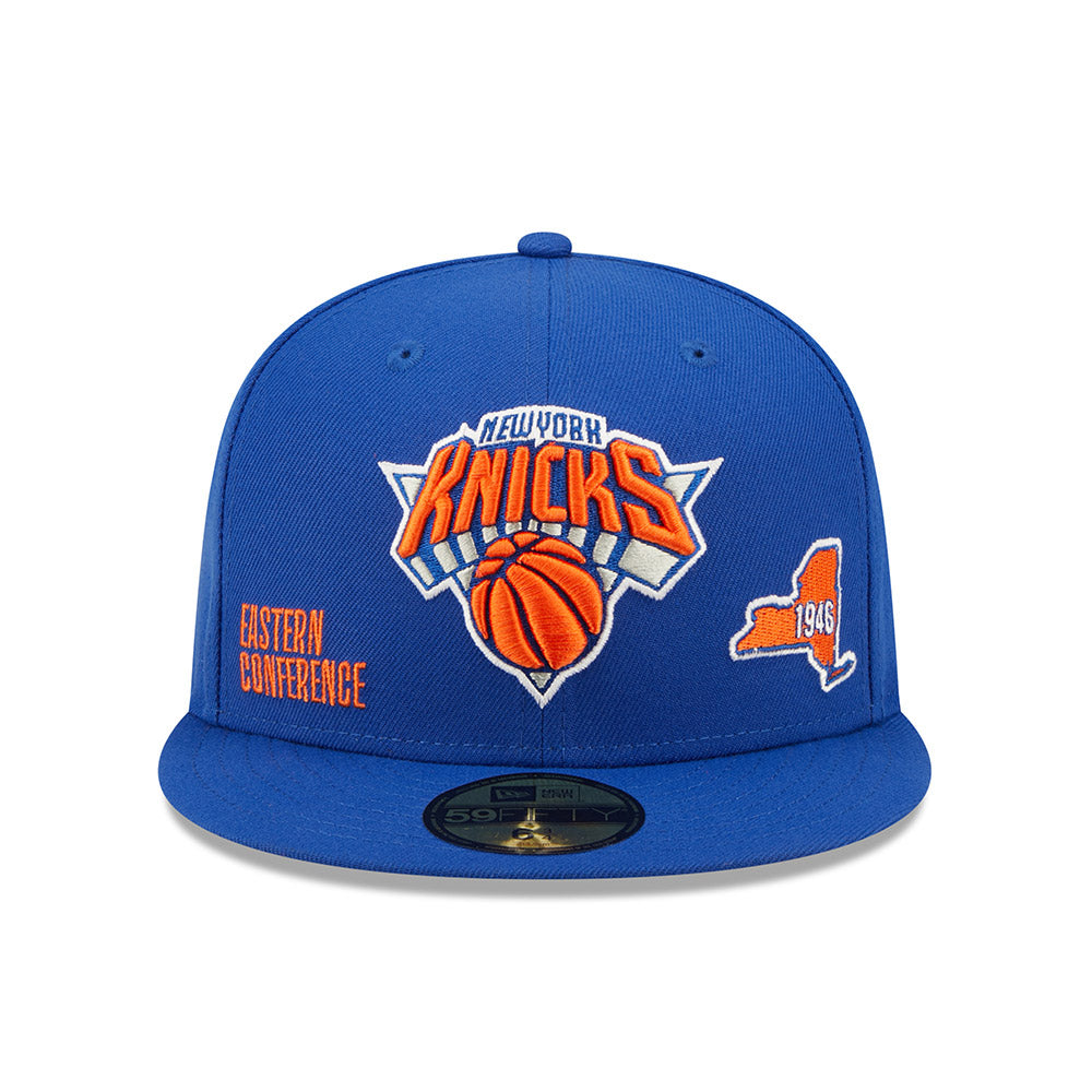New Era Knicks Patched Identity Fitted Hat In Blue & Orange - Front View