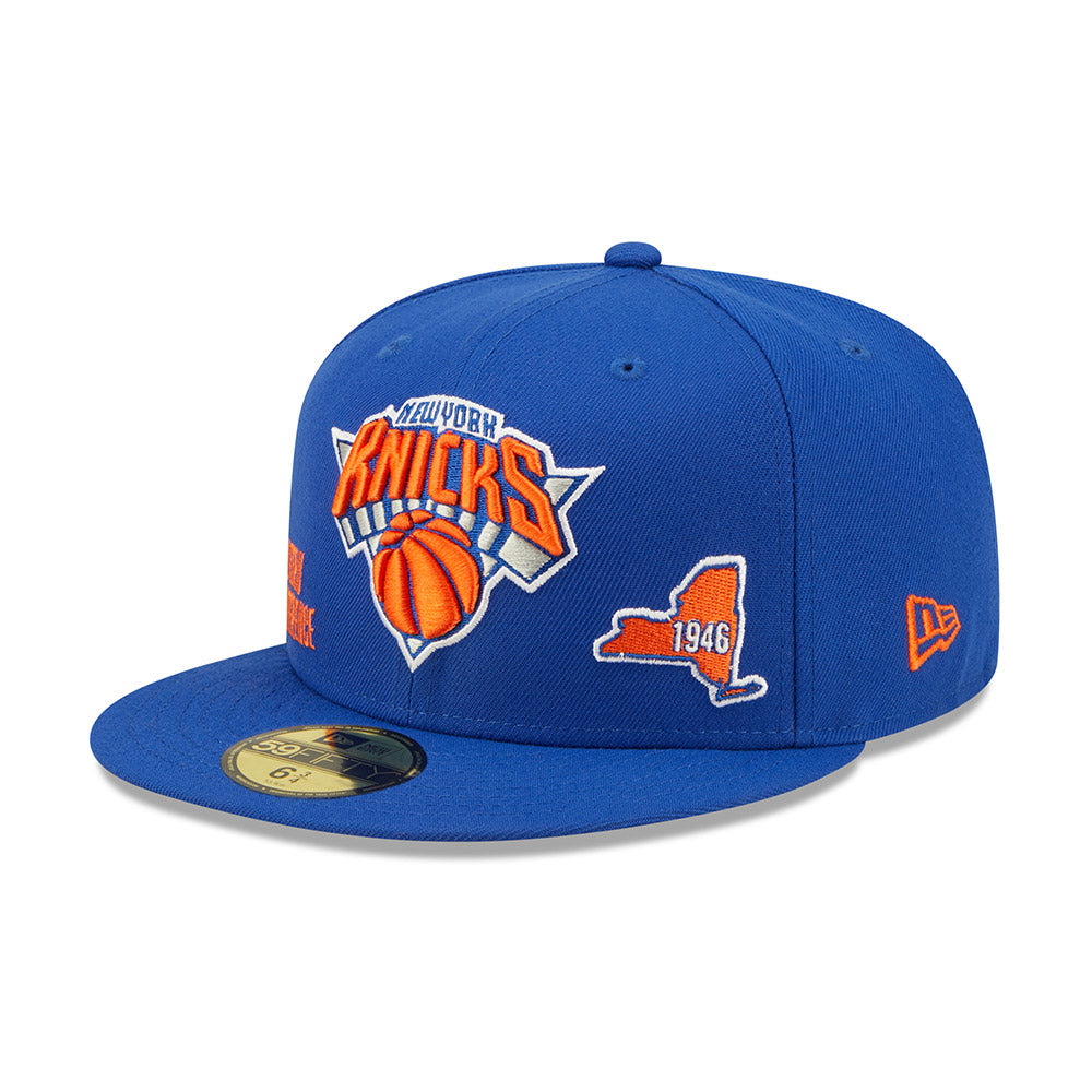 New Era Knicks Patched Identity Fitted Hat In Blue & Orange - Angled Left Side View