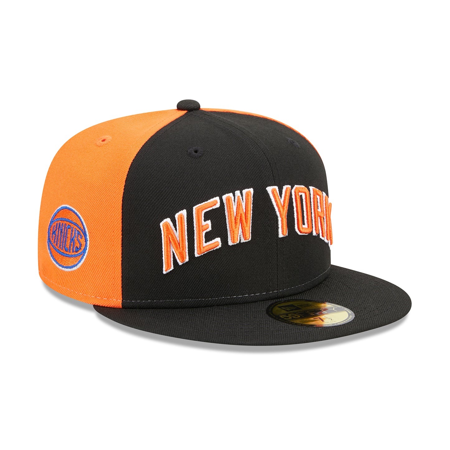 New Era Knicks City Edition 22-23 Official Fitted Hat In Black & Orange - Angled Right Side View