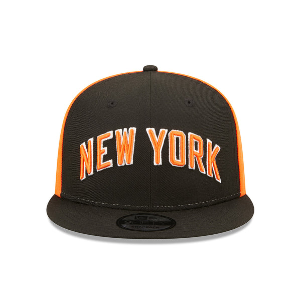 New Era Knicks City Edition 22-23 Official Snapback Hat In Black & Orange - Front View