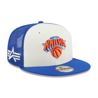 New Era Knicks Alpha Collection Snapback Hat In Blue & White - Angled Right Side View
