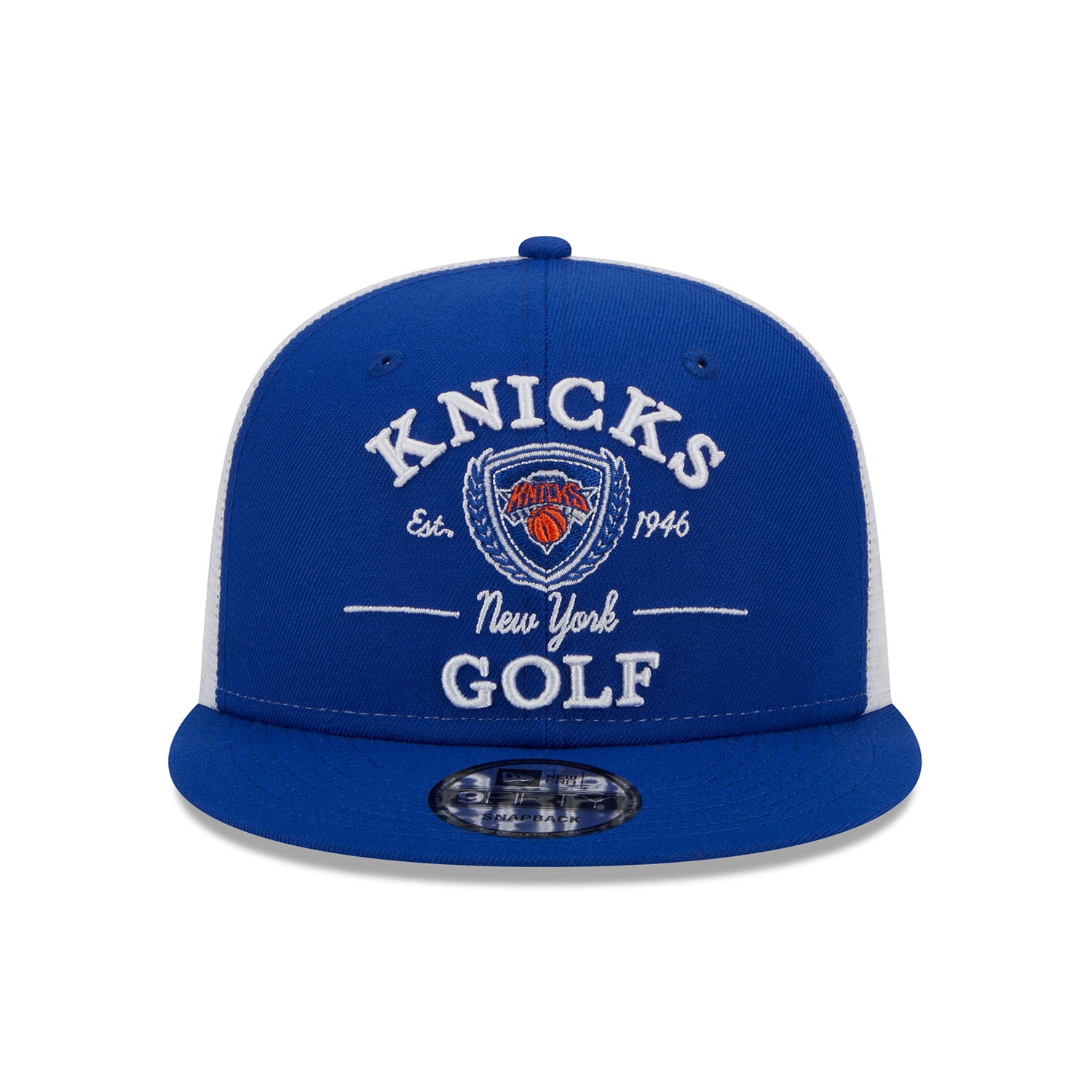 New Era Knicks Golf Club Meshback Snapback Hat In Blue & White - Front View
