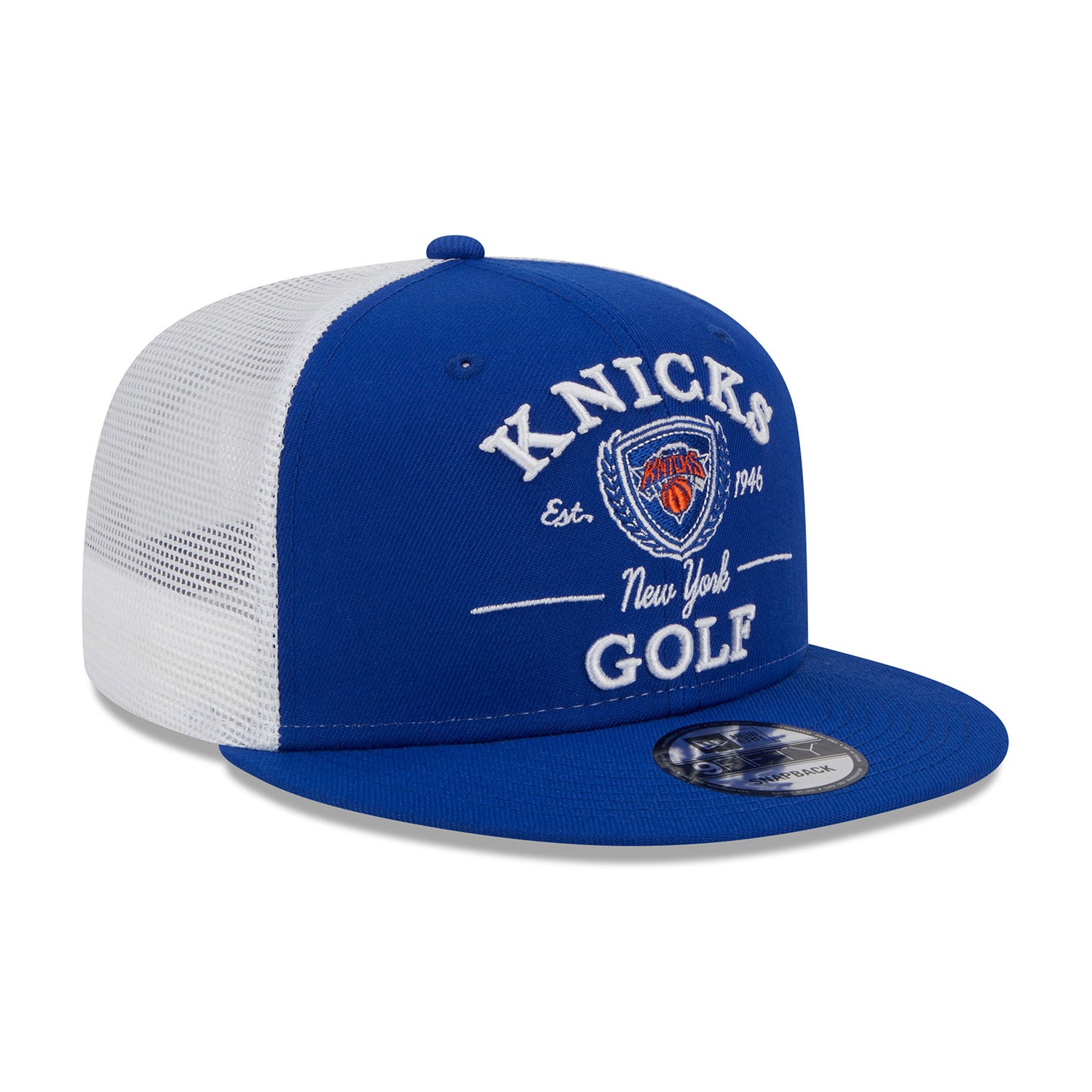 New Era Knicks Golf Club Meshback Snapback Hat In Blue & White - Angled Right Side View