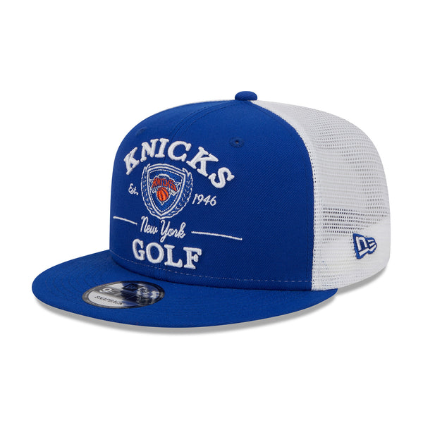 New Era Knicks Golf Club Meshback Snapback Hat In Blue & White - Angled Left Side View