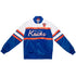 Knicks Mitchell & Ness Script Heavyweight Satin Jacket in Blue and White - Front View