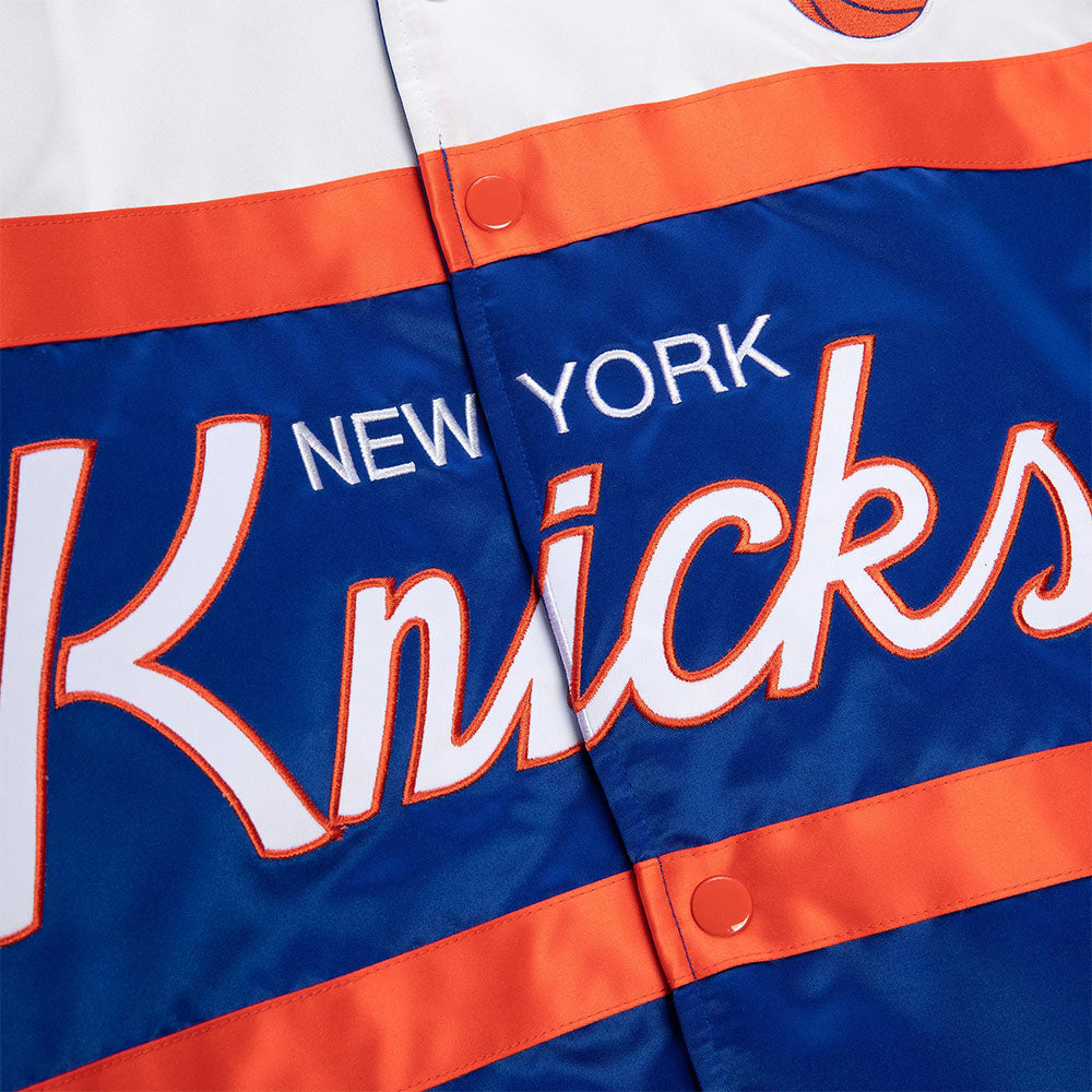 Knicks Mitchell & Ness Script Heavyweight Satin Jacket in Blue and White - Text Close Up