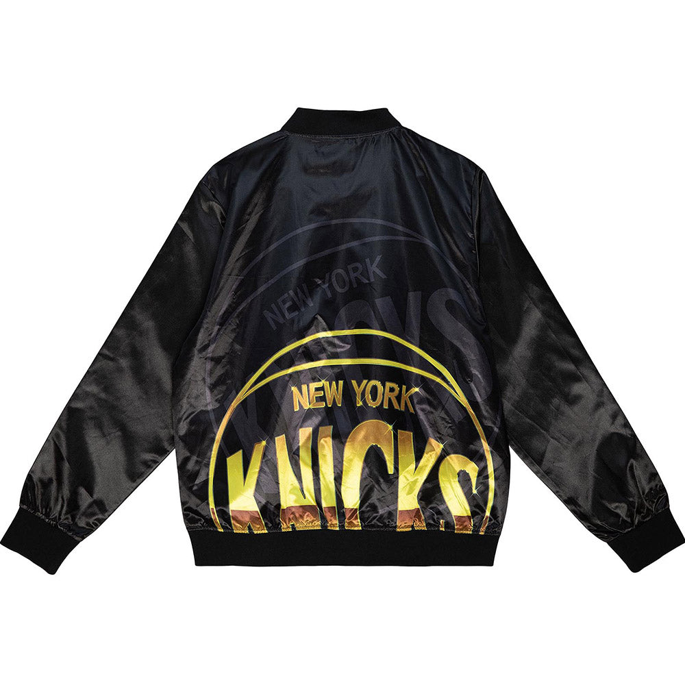 Mitchell & Ness Knicks Big Face 4.0 Satin Jacket In Black & Gold - Back View