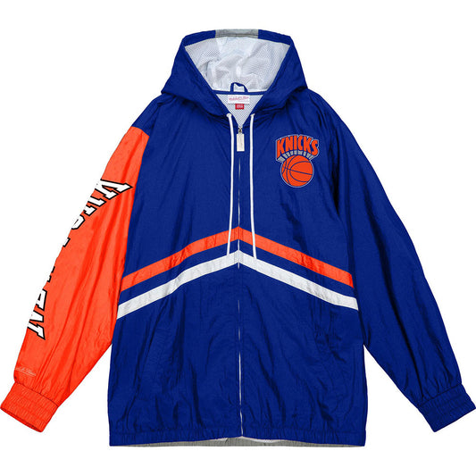 Mitchell & Ness Knicks Undeniable Full Zip Windbreaker Jacket In Blue & Orange - Front View