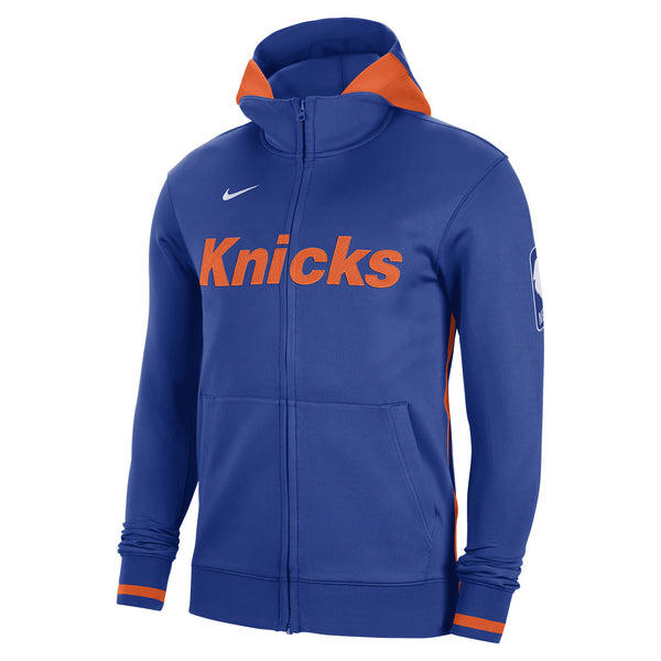 Nike Knicks 22-23 On Court Showtime Jacket In Blue & Orange - Front View