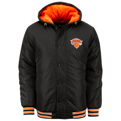 G3 Starter Knicks Hooded Woven Jacket with New York Back In Black & Orange - Front View