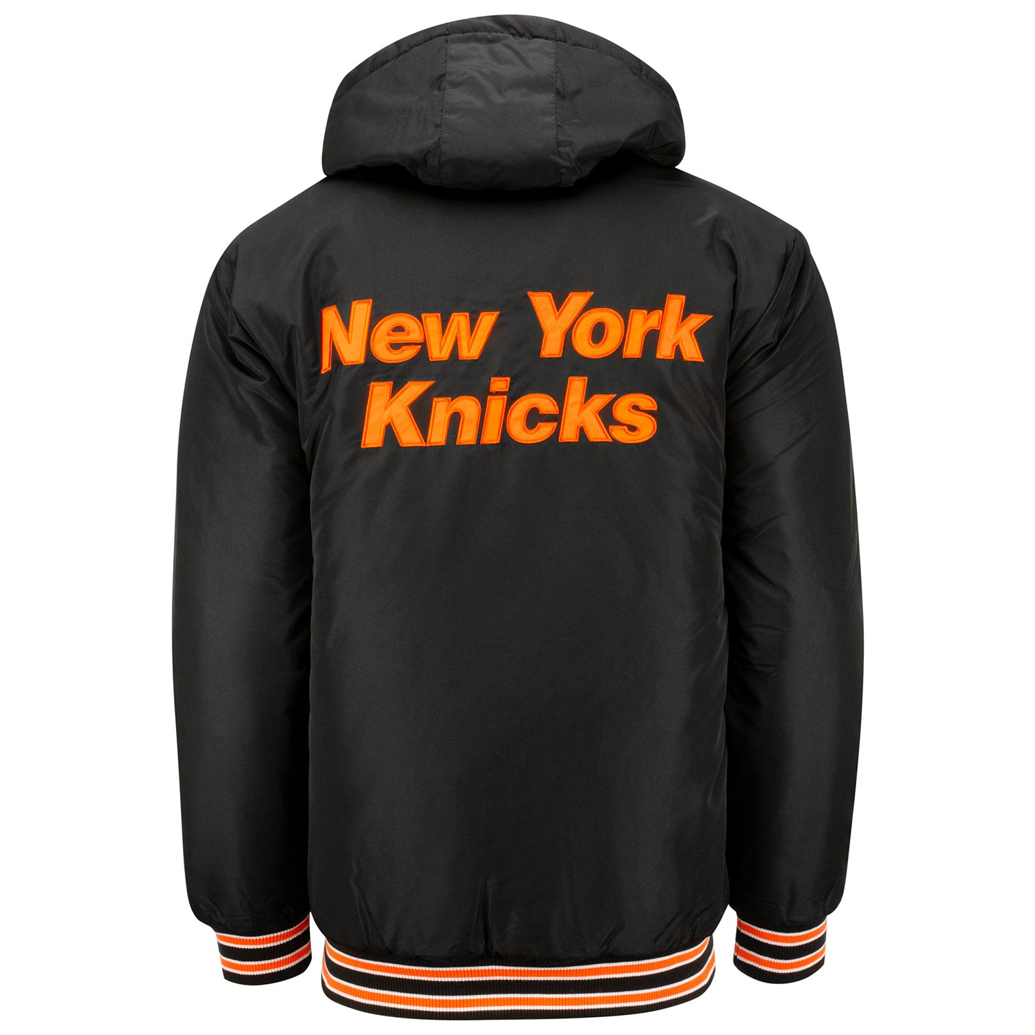 G3 Starter Knicks Hooded Woven Jacket with New York Back In Black & Orange - Back View