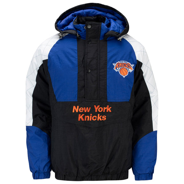 GIII Starter Knicks Nylon Hooded Pullover Jacket In Black, Blue & White - Front View