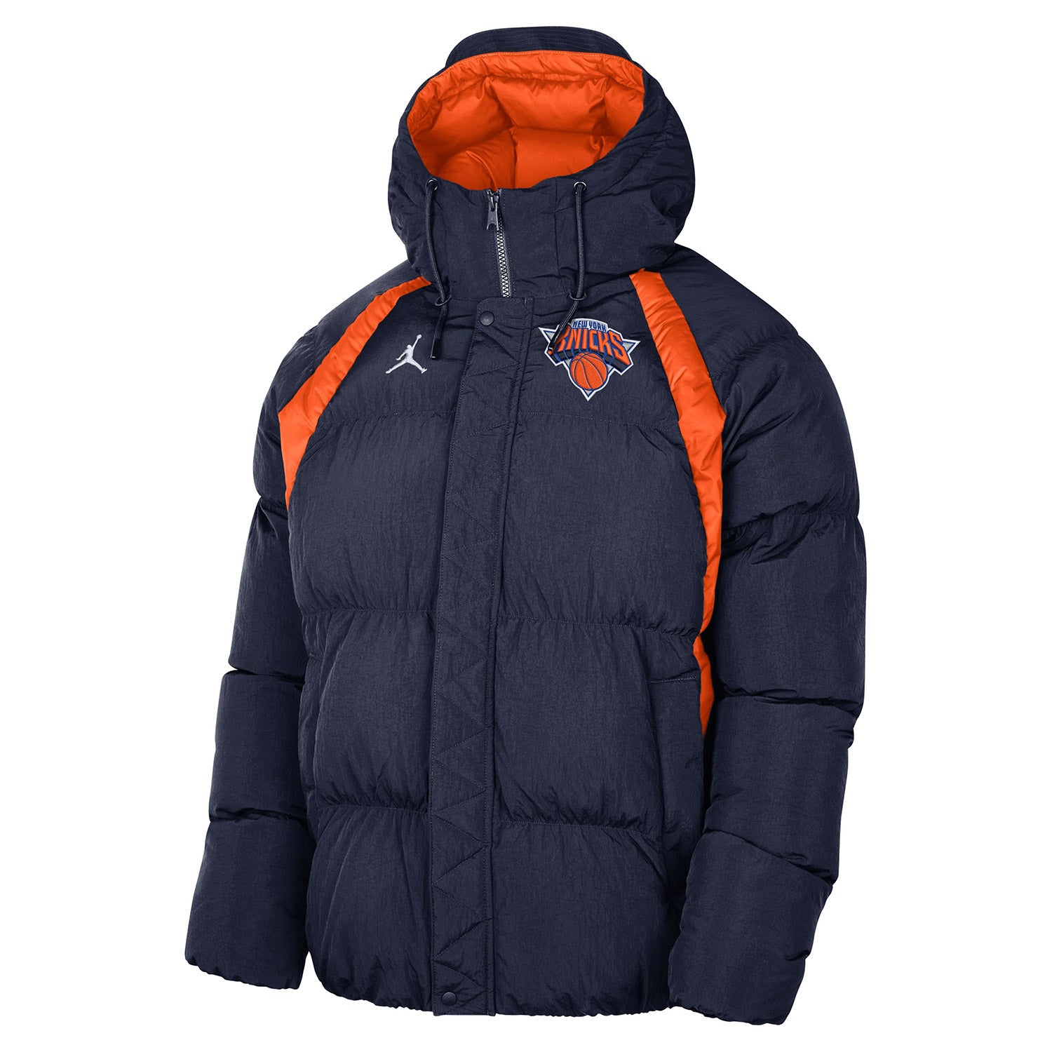 Nike Knicks 22-23 Statement Puffer Jacket In Blue & Orange - Front View
