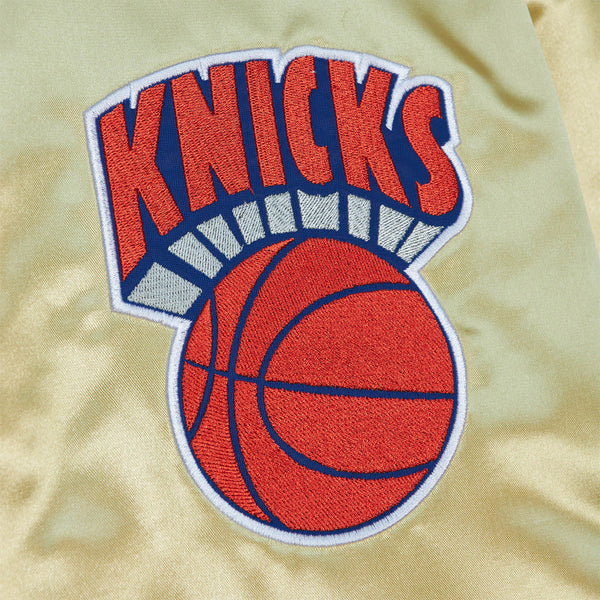 Mitchell & Ness Knicks Fashion Gold Lightweight Satin Jacket - Zoom View On Front Graphic