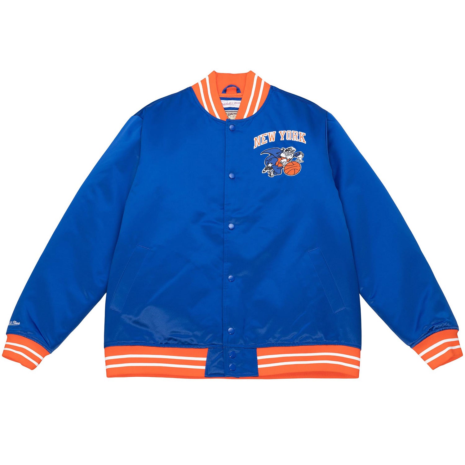 Mitchell & Ness Knicks Heavyweight Satin Jacket In Blue, Orange & White - Front View