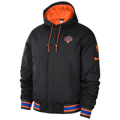 Nike Knicks City Edition 22-23 Courtside Jacket In Black, Orange & Blue - Front View