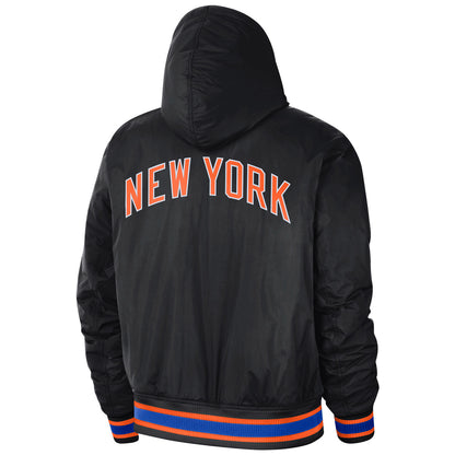 Nike Knicks City Edition 22-23 Courtside Jacket In Black, Orange & Blue - Back View