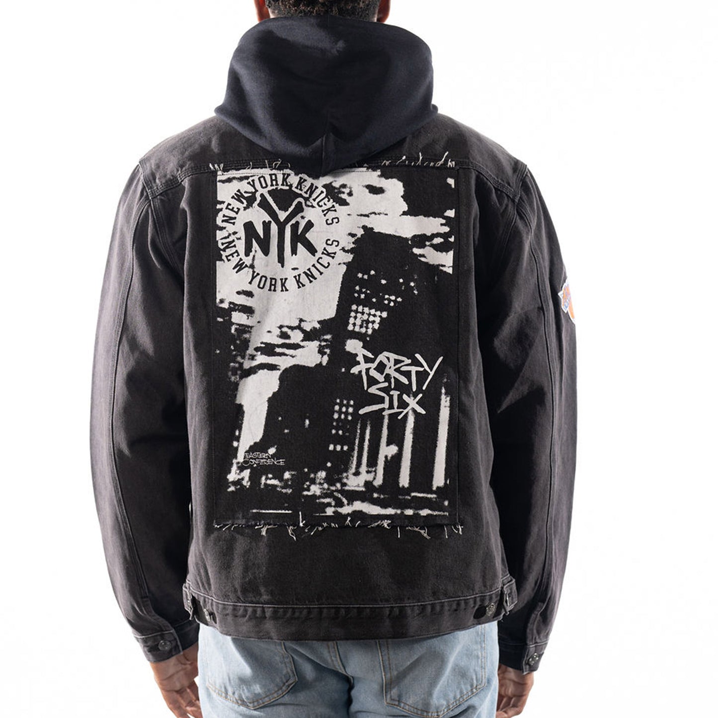 Wild Collective Knicks Graphic Back Denim Jacket In Black - Back View On Model