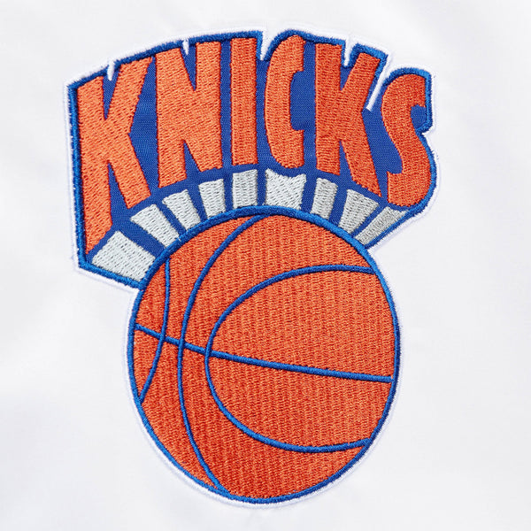Mitchell & Ness Knicks City Collection Satin Jacket In White - Zoom View On Left Chest Graphic