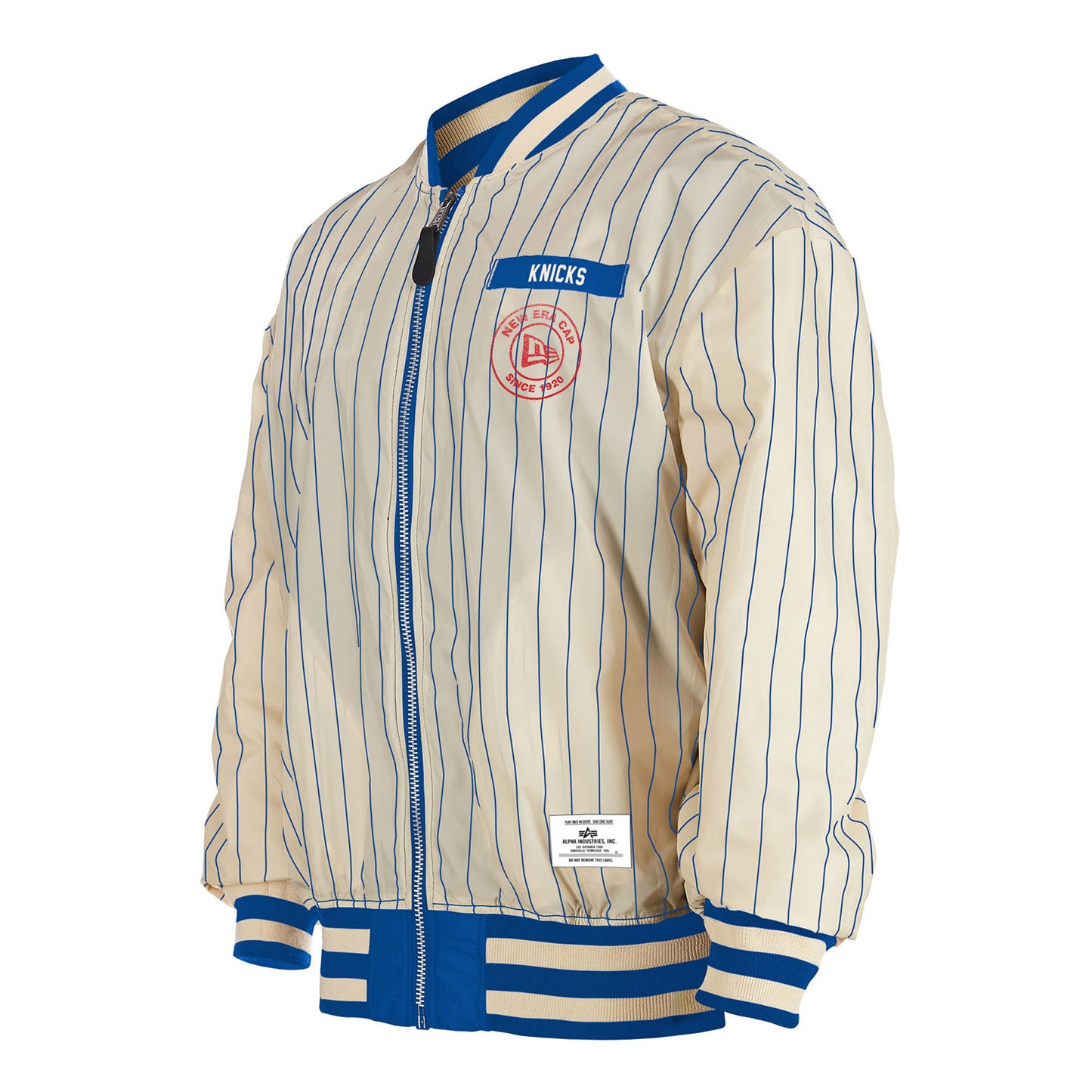 New Era Knicks Alpha Collection Reversible Jacket In Cream & Blue - Front Left Side View