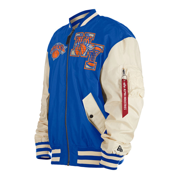 New Era Knicks Alpha Collection Reversible Jacket In Cream & Blue - Reversible Front Left Side View